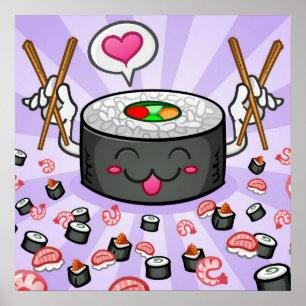 Póster Personagem de desenho animado Sushi comendo muito 