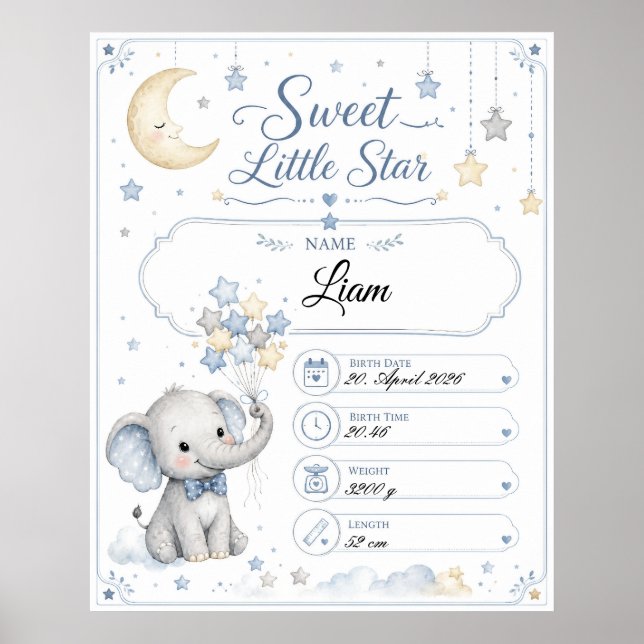 Poster Personalisierbare Baby Geburtstafel mit Elefant  (Frente)
