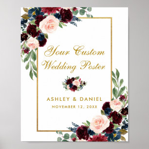 Poster Personalização de Casamento Floral Dourado Azul Bu