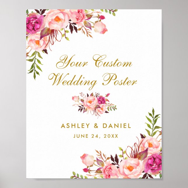Poster Personalizado De Casamento Dourado Floral R (Frente)