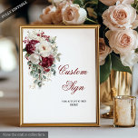 Poster Personalizado de Casamento Dourado Romântic<br><div class="desc">✅ Para procurar itens correspondentes 208W em minhas coleções ✅ Bem-vindos aos seus convidados com estilo e elegância usando este símbolo personalizado de casamento boho, com rosas de cor d'água embebidas e rosas brancas acentuadas com folhas de ouro envolventes. Projetado em uma rica paleta de burgundy, marsala, marrom, vermelho profundo,...</div>