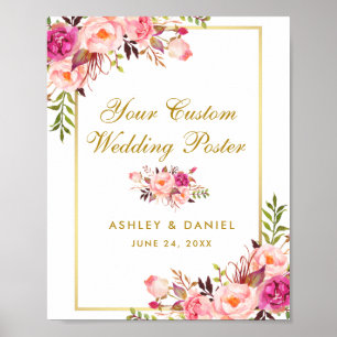 Poster Personalizado de Casamento Dourado, Rosa Fl
