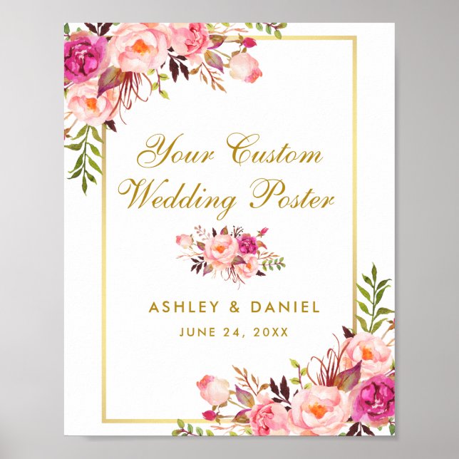 Poster Personalizado de Casamento Dourado, Rosa Fl (Frente)