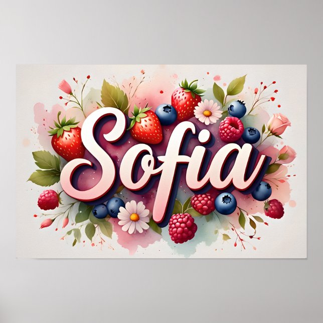 Poster Personalizado de Nome Floral de Frutas Verm (Frente)
