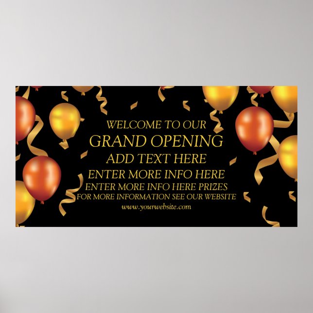 Poster Personalizar Balões Dourados Fitas Loja de Inaugur (Frente)