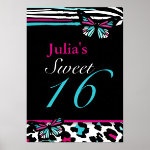 Póster Personalizável Sweet 16 Animal Print Butterfly Pos