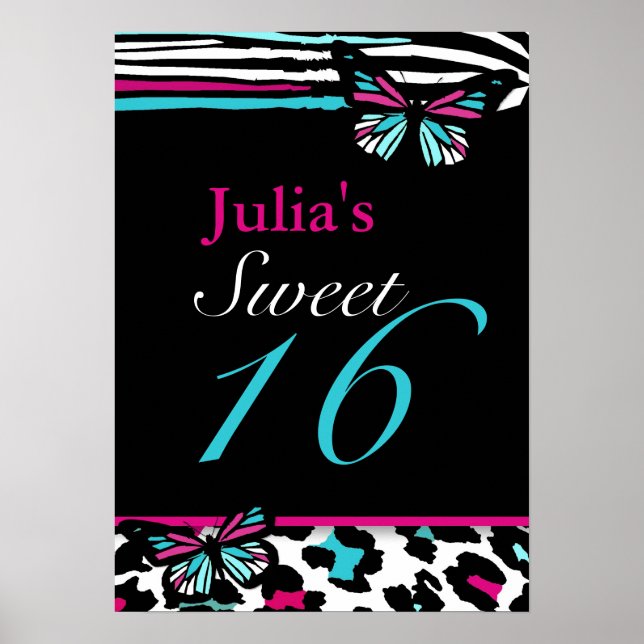 Póster Personalizável Sweet 16 Animal Print Butterfly Pos (Frente)