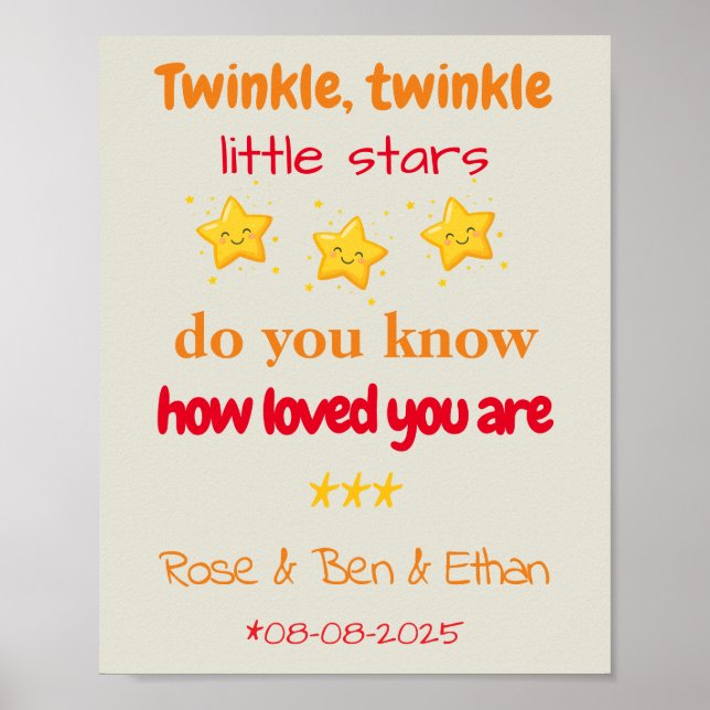 Poster Personalized Baby Triplets Nursery Decor, Stars (Frente)