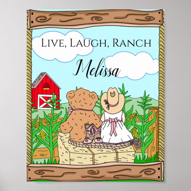 Poster Personalized Cute Cowgirl and Teddy Bear on Ranch  (Frente)