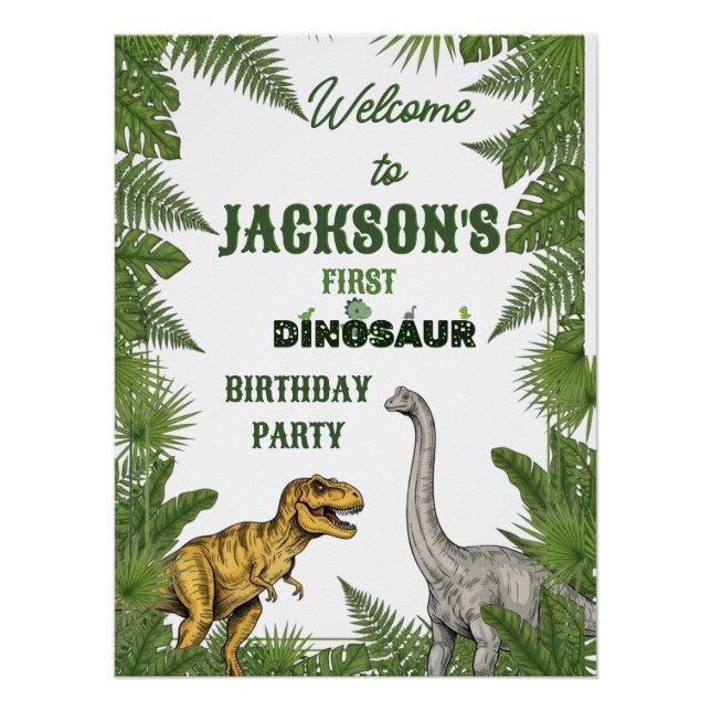 Póster Personalized Dinosaur 1st Birthday Invite & Signs (Frente)