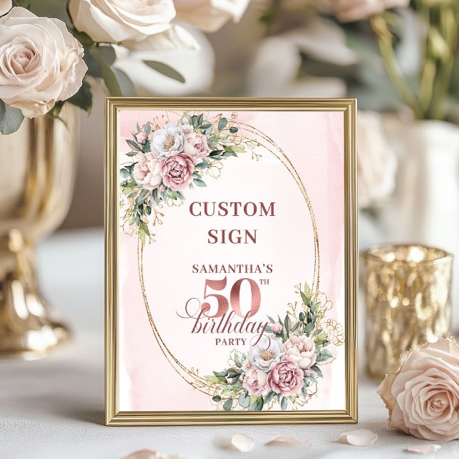 Poster Personalized Dreamy Blush Floral 50 Birthday 8x10 (Personalized Dreamy Blush Floral 50th Birthday 8x10 Sign)