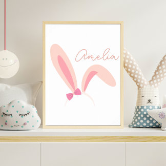 Poster Personalized Pink Bunny Ears Nursery Wall Art Baby
