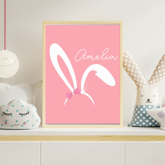 Poster Personalized Pink Bunny Nursery Wall Art Baby Girl