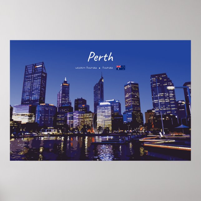 Poster Perth, Austrália - Silhueta da Cidade à Noite (Frente)