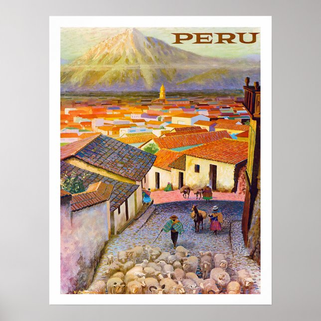 Poster Peru, telhados de cidades sob a montanha, vindima (Frente)