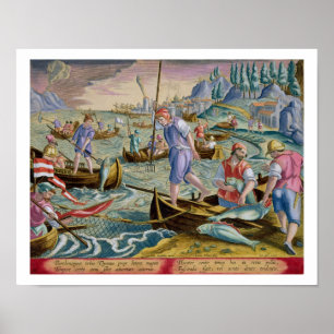 Póster Pesca com redes e tridentes na baía de Naple