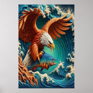 Poster Pesca da águia majestosa numa onda 24x36