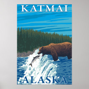 Póster Pesca do urso no rio - Katmai, Alaska