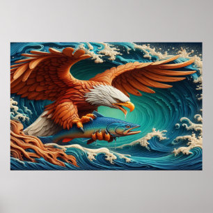Poster Pesca majestosa da águia numa onda 36x24