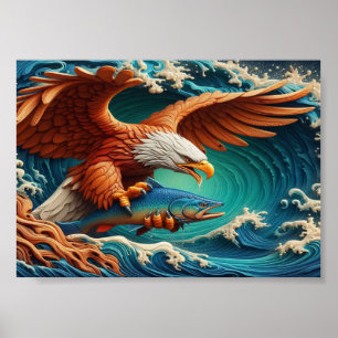 Poster Pesca majestosa de águia na onda 5x7