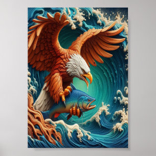Poster Pesca majestosa de águia na onda 7x5