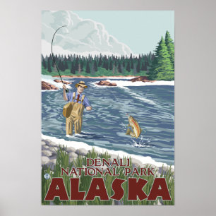 Póster Pescador da mosca - parque nacional de Denali,