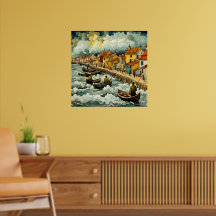 Pescadores de barcos ao estilo Van Gogh, em Stormy