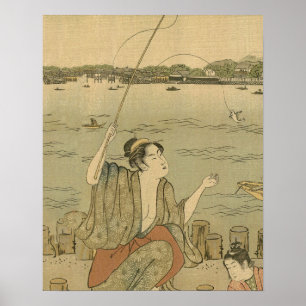 Póster Pescadores de Bloco de Madeira Japoneses