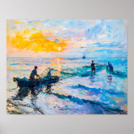 Poster Pescadores na cena costeira impressionista sunset
