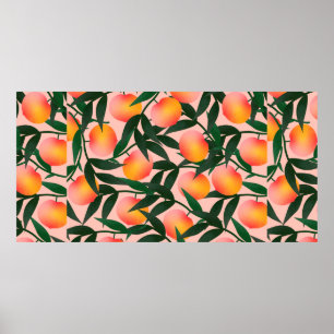 Poster Pêssego em fundo rosa. Fruta puxada pela mão