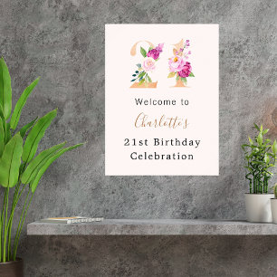 Poster Pêssego rosa floral número aniversário de 21 anos
