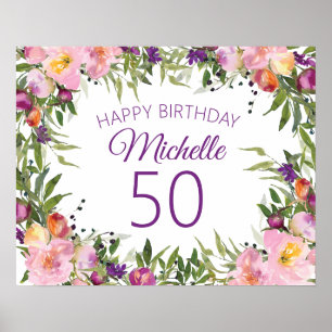 Poster Pêssego Roxo Floral Folhas Verdes 50º Aniversário