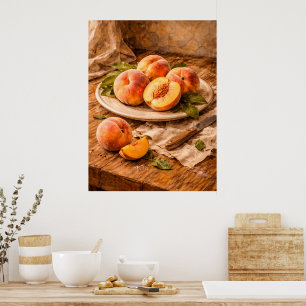 Poster Pêssegos Frescos em Madeira um Natureza Morta Rúst