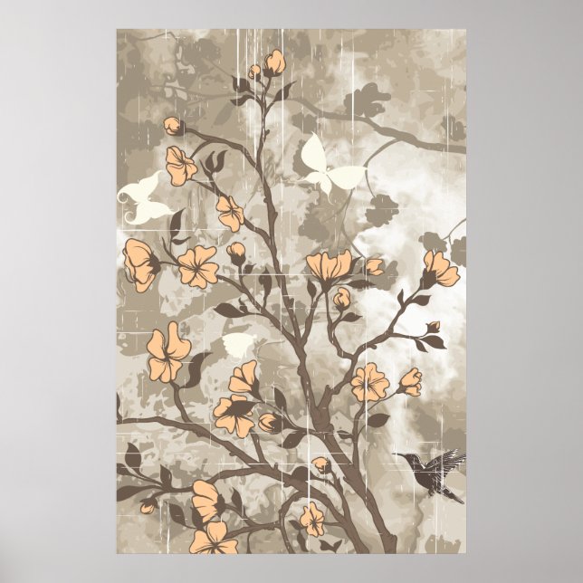 Póster Pessegueira de flores em vindima, costume floral e (Frente)