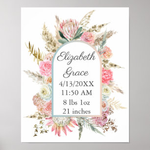Poster Pessoal Floral Rosa Branco Estatísticas de Nascime