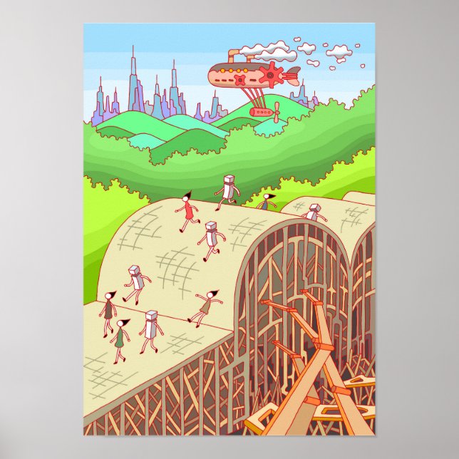 Poster Pessoas cruzando uma ponte de madeira. (Frente)