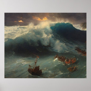 Poster Pessoas marinhas no mar com grande tempestade