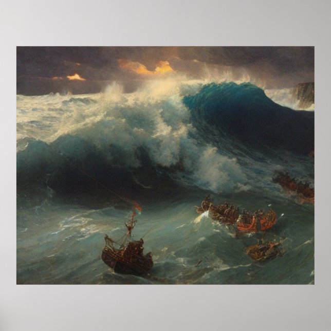 Poster Pessoas marinhas no mar com grande tempestade (Frente)