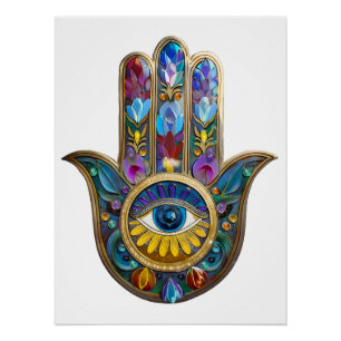Póster Pétalas Coloridas Folhas Hamsa Safira Terceiro Olh