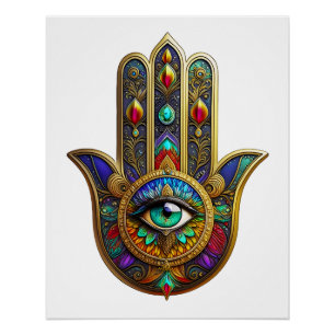 Póster Pétalas de Flor de Cor Pavão Hamsa Terceiro Olho V