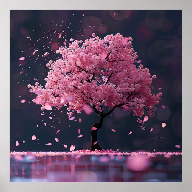 Poster Pétalas em queda da cerejeira florescem (Frente)