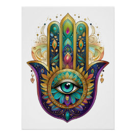 Póster Pétalas Violeta Verde Dourado Hamsa Turquesa Terce