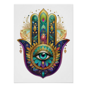 Póster Pétalas Violeta Verde Dourado Hamsa Turquesa Terce