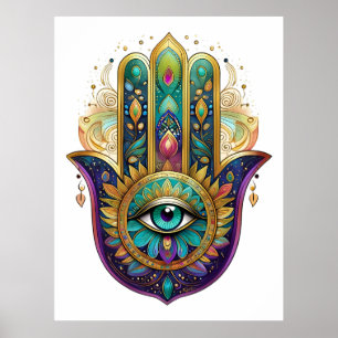 Poster Pétalas Violeta Verde Dourado Hamsa Turquesa Terce