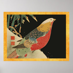 Póster Pheasant in the Snow Vintage Japonês Bird Woodcut