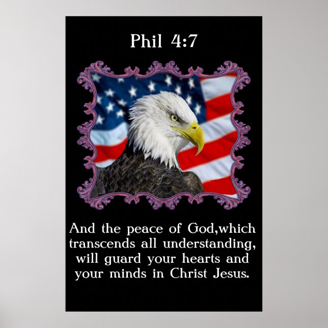 Póster Phil 4:7 Com Águia em frente à bandeira americana (Frente)