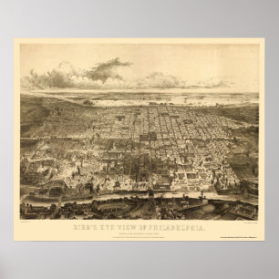 Póster Philadelphfia, mapa panorâmico do PA - 1857