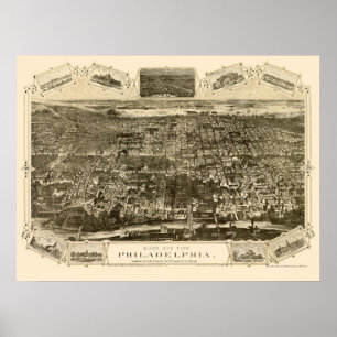 Póster Philadelphfia, mapa panorâmico do PA - 1876