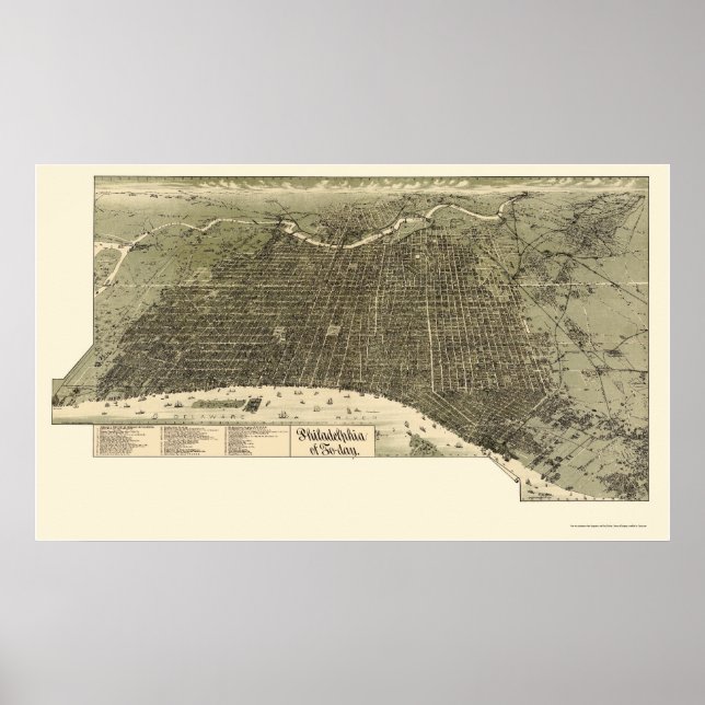 Póster Philadelphia, PA Panorâmica Map - 1887 (Frente)