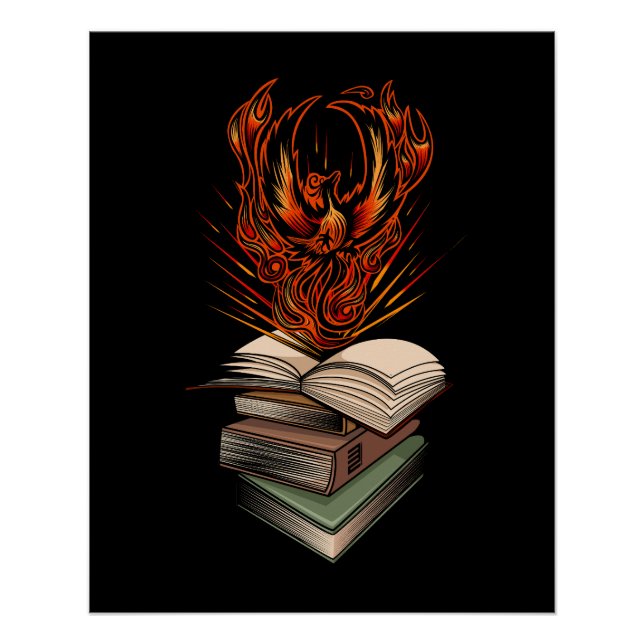 Póster Phoenix Rising From Books Flames Fantasy Magical (Frente)